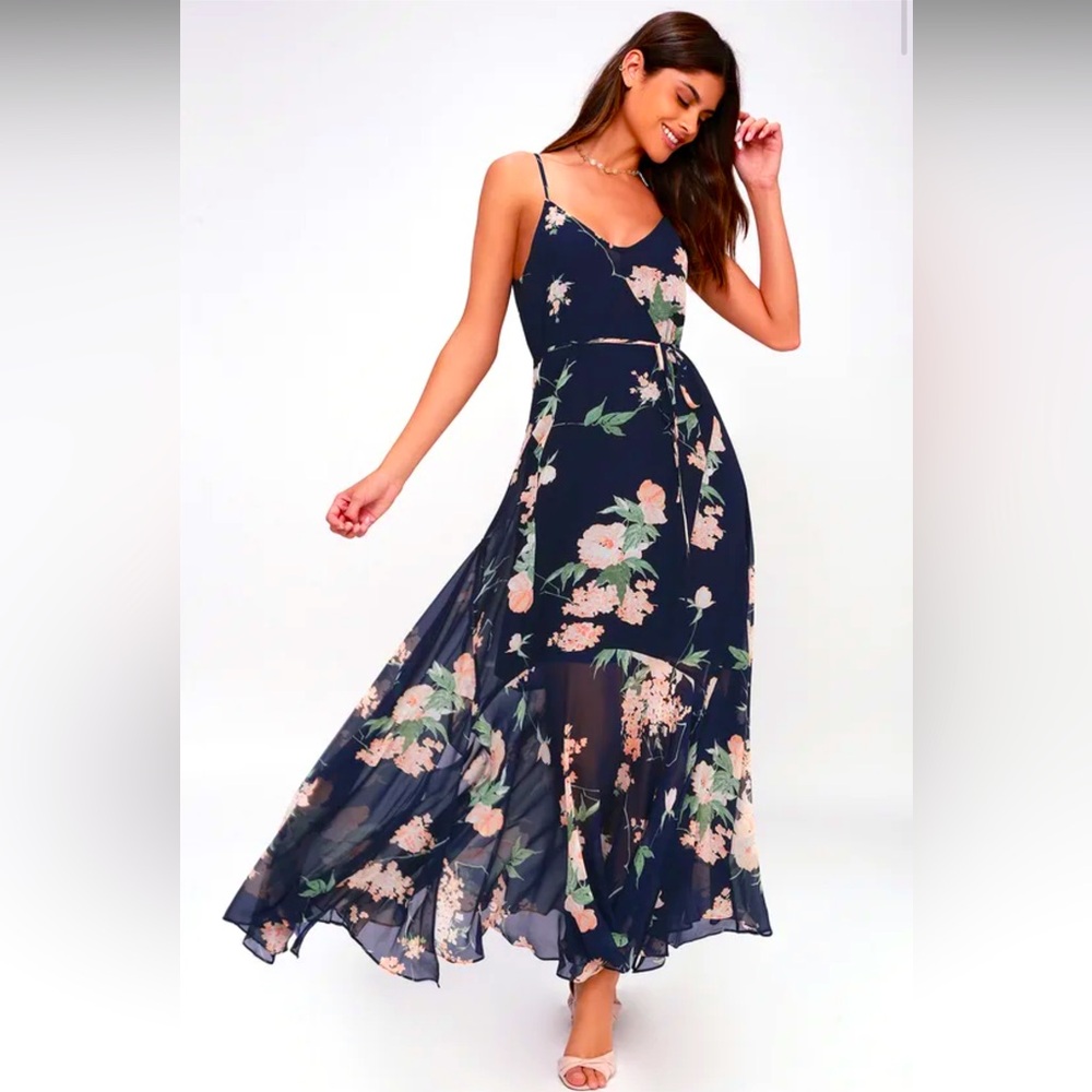 Lulus Feeling Freesia Navy Blue Floral Print Maxi Dress Size L